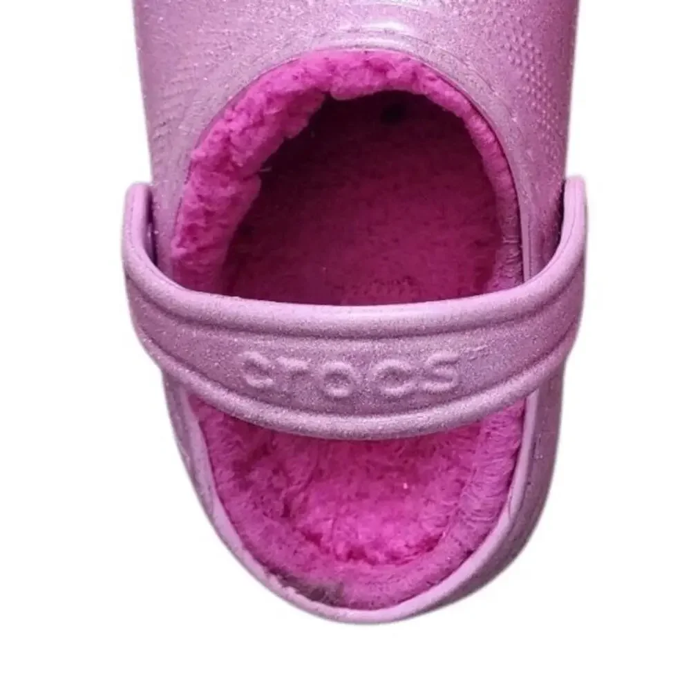 Crocs Classic Lined Glitter Clog Size J 1 Pink Tweed.